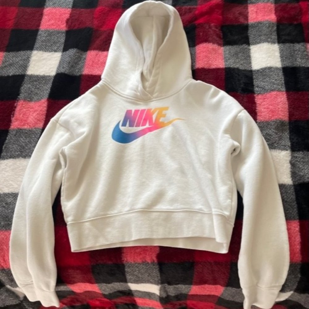 White Nike Hoodie with Rainbow logo